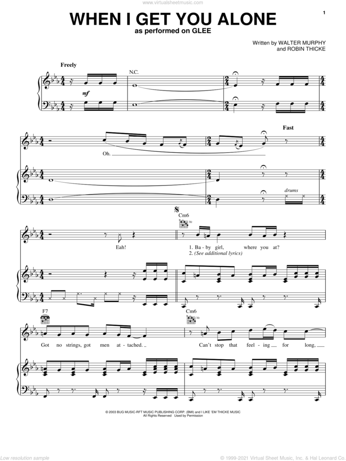 When I Get You Alone sheet music for voice, piano or guitar by Glee Cast, Miscellaneous, The Warblers, Robin Thicke and Walter Murphy, intermediate skill level