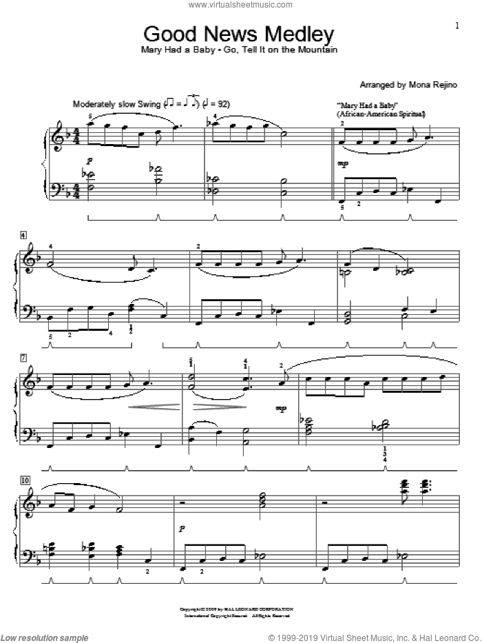 Good News Medley sheet music for piano solo (elementary) by Mona Rejino, John W. Work, Jr. and Miscellaneous, beginner piano (elementary)