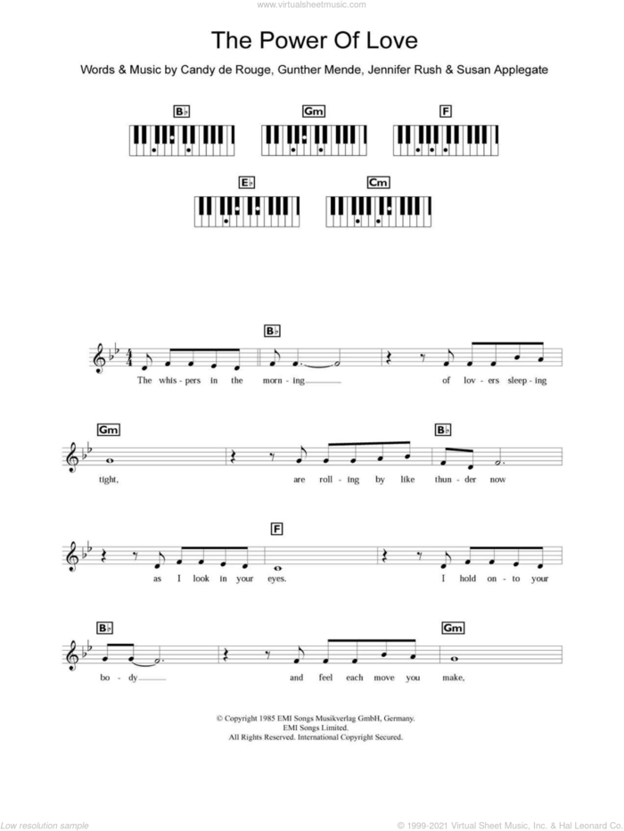 The Power Of Love sheet music for piano solo (chords, lyrics, melody) by Celine Dion, Candy de Rouge, Gunther Mende, Jennifer Rush and Mary Susan Applegate, intermediate piano (chords, lyrics, melody)
