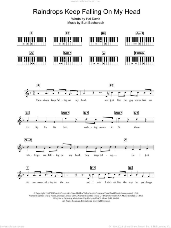 Raindrops Keep Falling On My Head sheet music for piano solo (chords, lyrics, melody) by Bacharach & David, Burt Bacharach and Hal David, intermediate piano (chords, lyrics, melody)