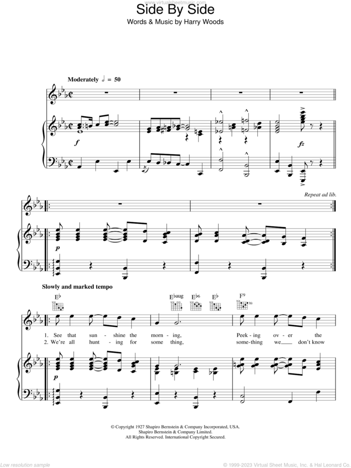 Side By Side sheet music for voice, piano or guitar by Brenda Lee and Harry Woods, intermediate skill level