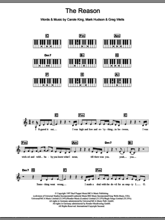 The Reason sheet music for piano solo (chords, lyrics, melody) by Celine Dion, Carole King, Greg Wells and Mark Hudson, intermediate piano (chords, lyrics, melody)