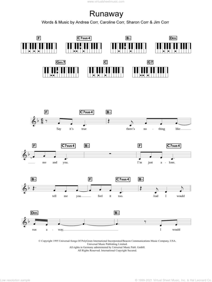 Runaway sheet music for piano solo (chords, lyrics, melody) by The Corrs, Andrea Corr, Caroline Corr, Jim Corr and Sharon Corr, intermediate piano (chords, lyrics, melody)