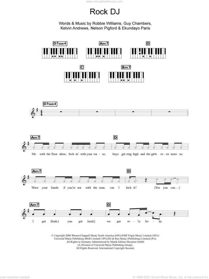 Rock DJ sheet music for piano solo (chords, lyrics, melody) by Robbie Williams, Ekundayo Paris, Guy Chambers, Kelvin Andrews and Nelson Pigford, intermediate piano (chords, lyrics, melody)