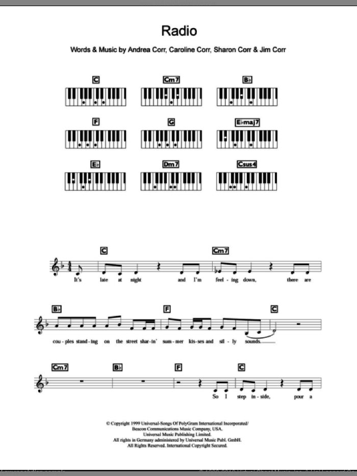 Radio sheet music for piano solo (chords, lyrics, melody) by The Corrs, Andrea Corr, Caroline Corr, Jim Corr and Sharon Corr, intermediate piano (chords, lyrics, melody)