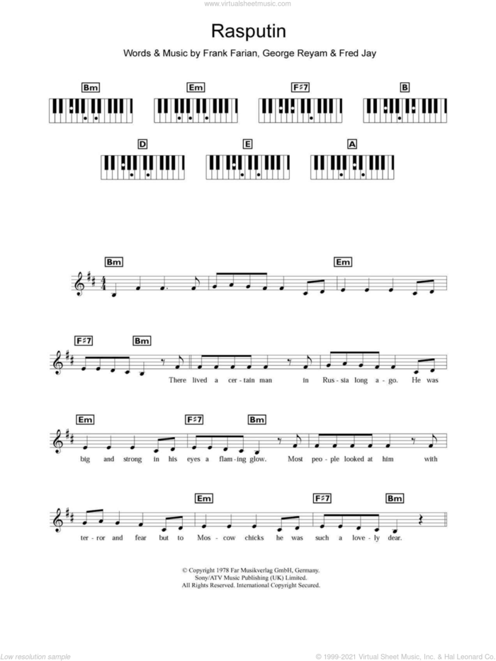 Rasputin sheet music for piano solo (chords, lyrics, melody) by Fred Jay, Boney M., Frank Farian and George Reyam, intermediate piano (chords, lyrics, melody)