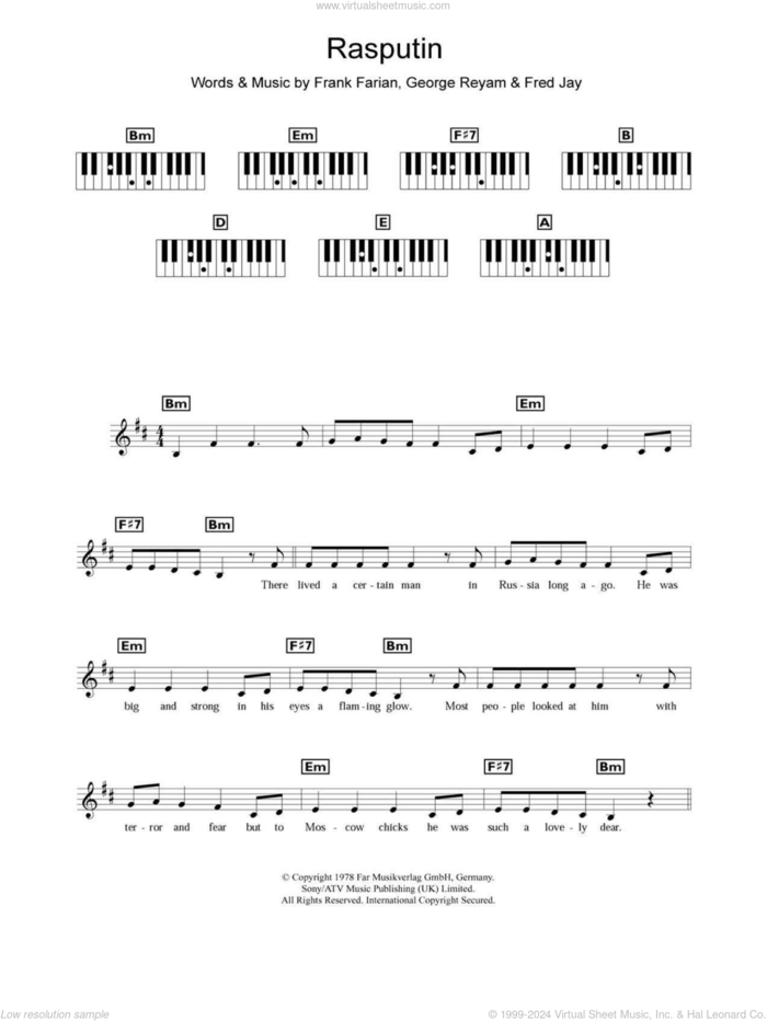 Rasputin sheet music for piano solo (chords, lyrics, melody) by Fred Jay, Boney M., Frank Farian and George Reyam, intermediate piano (chords, lyrics, melody)