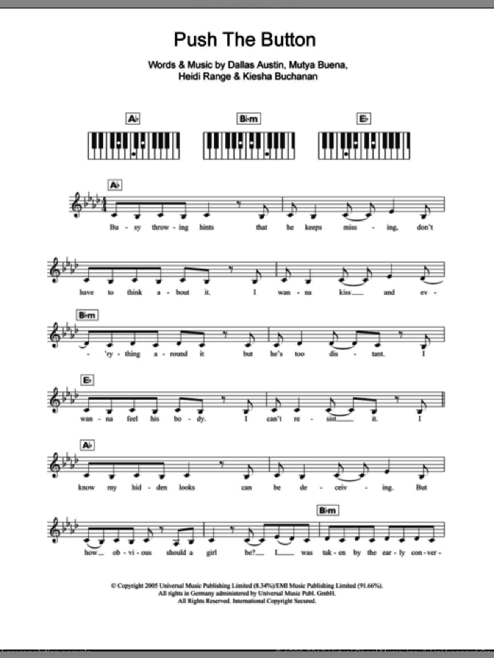 Push The Button sheet music for piano solo (chords, lyrics, melody) by Sugababes, Dallas Austin, Heidi Range, Kiesha Buchanan and Mutya Buena, intermediate piano (chords, lyrics, melody)