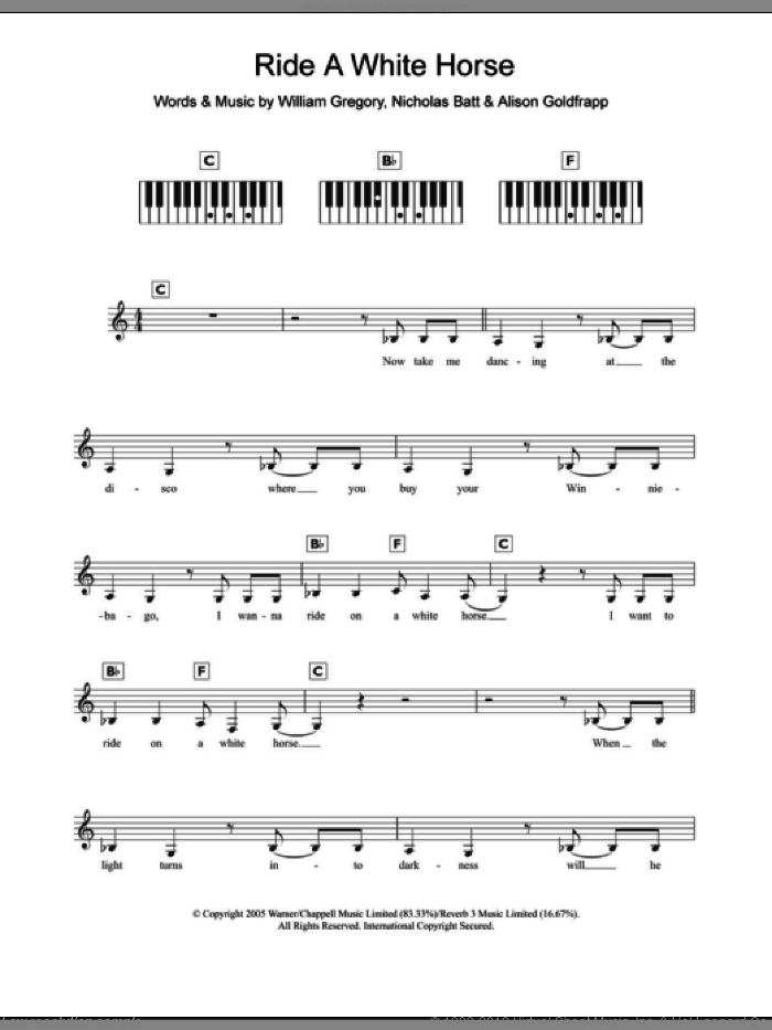 Ride A White Horse sheet music for piano solo (chords, lyrics, melody) by Goldfrapp, Alison Goldfrapp, Nicholas Batt and William Gregory, intermediate piano (chords, lyrics, melody)