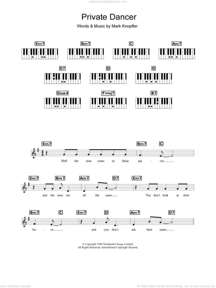 Private Dancer sheet music for piano solo (chords, lyrics, melody) by Tina Turner and Mark Knopfler, intermediate piano (chords, lyrics, melody)