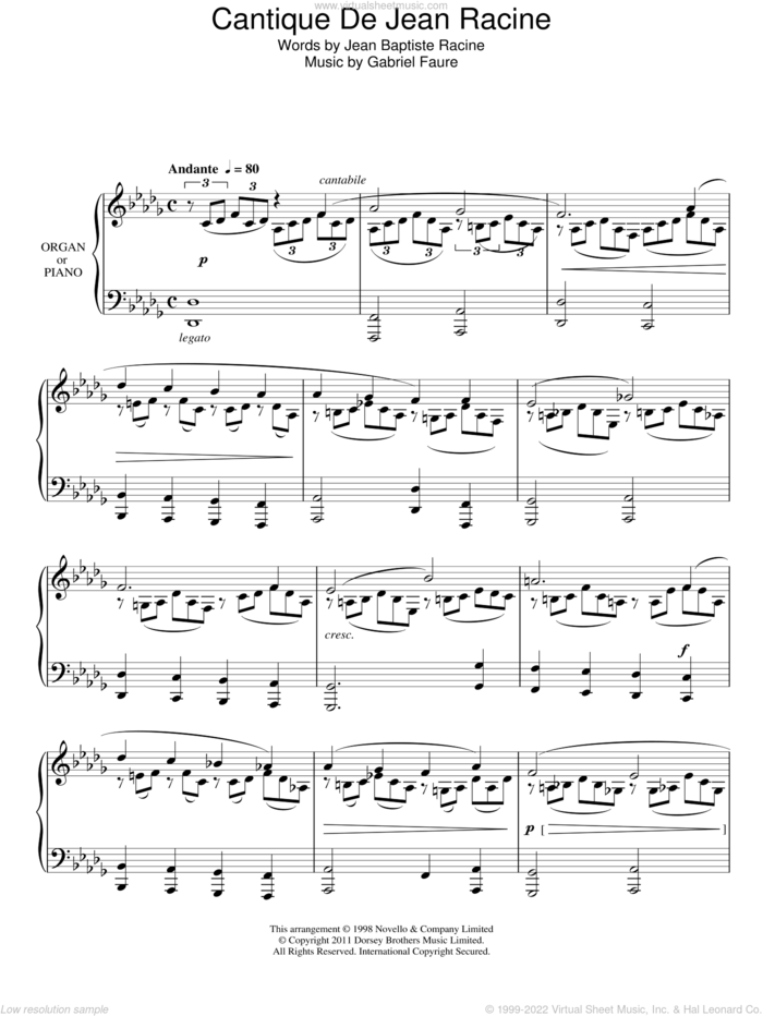Cantique De Jean Racine sheet music for choir (SATB: soprano, alto, tenor, bass) by Gabriel Faure and Jean Baptiste Racine, intermediate skill level
