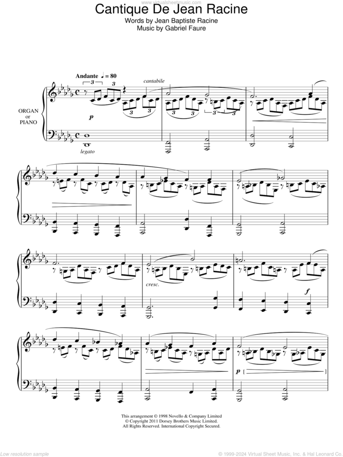 Cantique De Jean Racine sheet music for choir (SATB: soprano, alto, tenor, bass) by Gabriel Faure and Jean Baptiste Racine, intermediate skill level