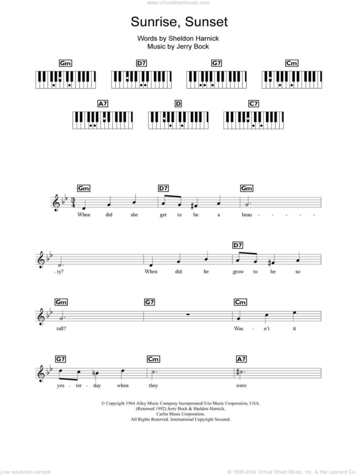 Sunrise, Sunset sheet music for piano solo (chords, lyrics, melody) by Bock & Harnick, Fiddler On The Roof (Musical), Jerry Bock and Sheldon Harnick, wedding score, intermediate piano (chords, lyrics, melody)