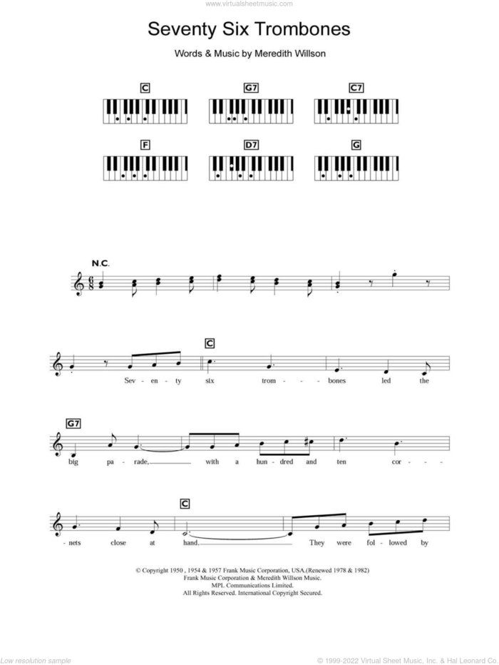 Seventy Six Trombones sheet music for piano solo (chords, lyrics, melody) by Meredith Willson and The Music Man (Musical), intermediate piano (chords, lyrics, melody)