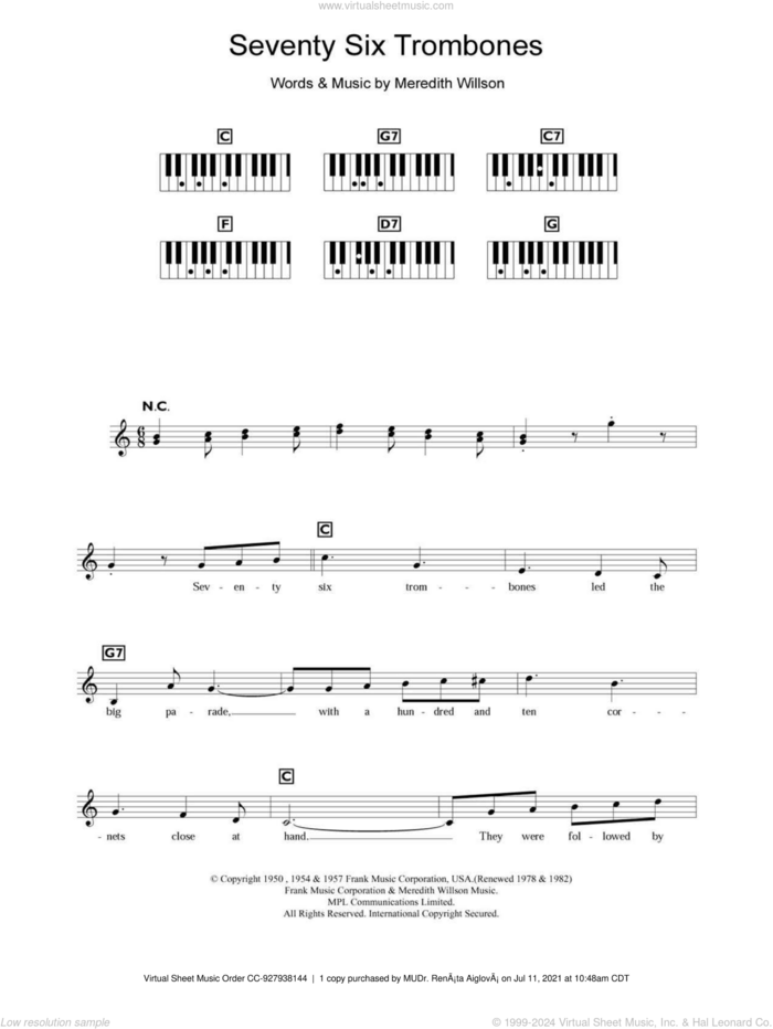 Seventy Six Trombones sheet music for piano solo (chords, lyrics, melody) by Meredith Willson and The Music Man (Musical), intermediate piano (chords, lyrics, melody)