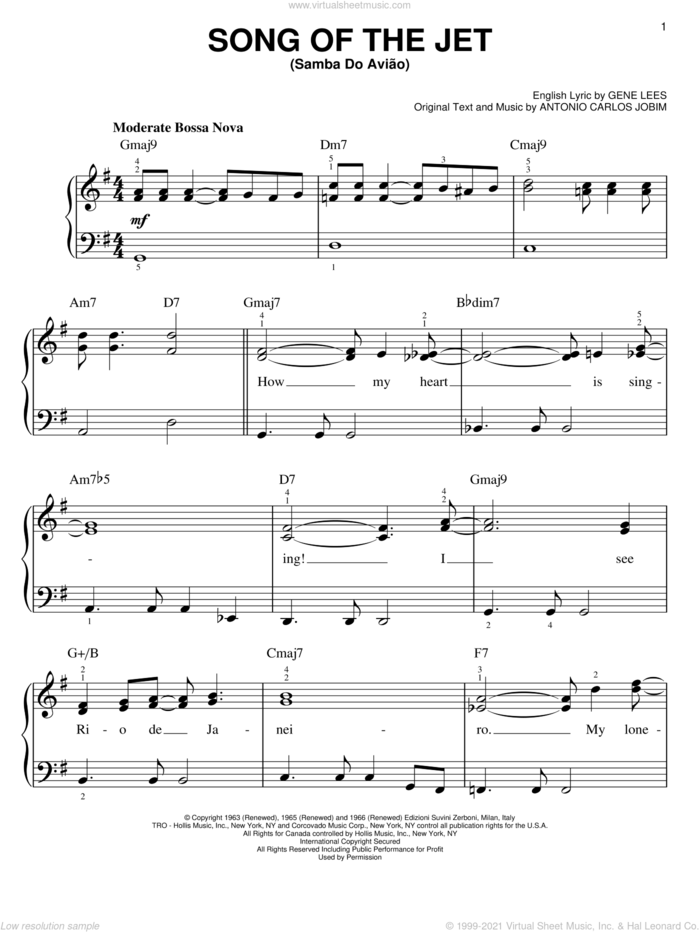Song Of The Jet (Samba do Aviao) sheet music for piano solo by Antonio Carlos Jobim, Ella Fitzgerald and Eugene John Lees, easy skill level