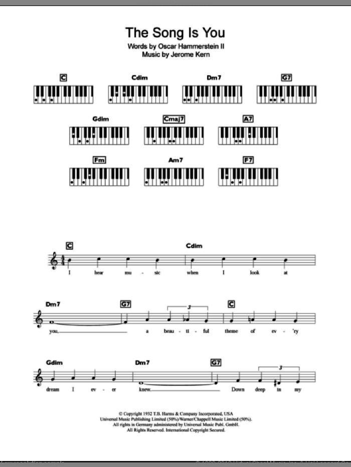 The Song Is You sheet music for piano solo (chords, lyrics, melody) by Jerome Kern and Oscar II Hammerstein, intermediate piano (chords, lyrics, melody)