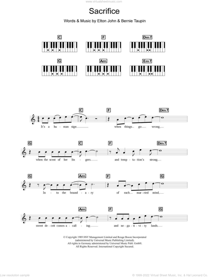 Sacrifice sheet music for piano solo (chords, lyrics, melody) by Elton John and Bernie Taupin, wedding score, intermediate piano (chords, lyrics, melody)