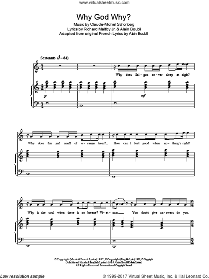 Why God Why? sheet music for voice and piano by Claude-Michel Schonberg, Miss Saigon (Musical), Alain Boublil and Richard Maltby, Jr., intermediate skill level