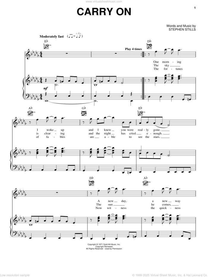 Carry On sheet music for voice, piano or guitar by Crosby, Stills & Nash and Stephen Stills, intermediate skill level