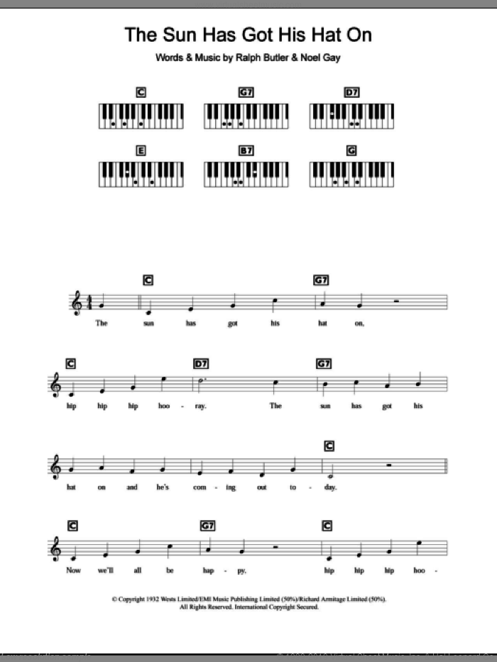 The Sun Has Got His Hat On sheet music for piano solo (chords, lyrics, melody) by Noel Gay and Ralph Butler, intermediate piano (chords, lyrics, melody)