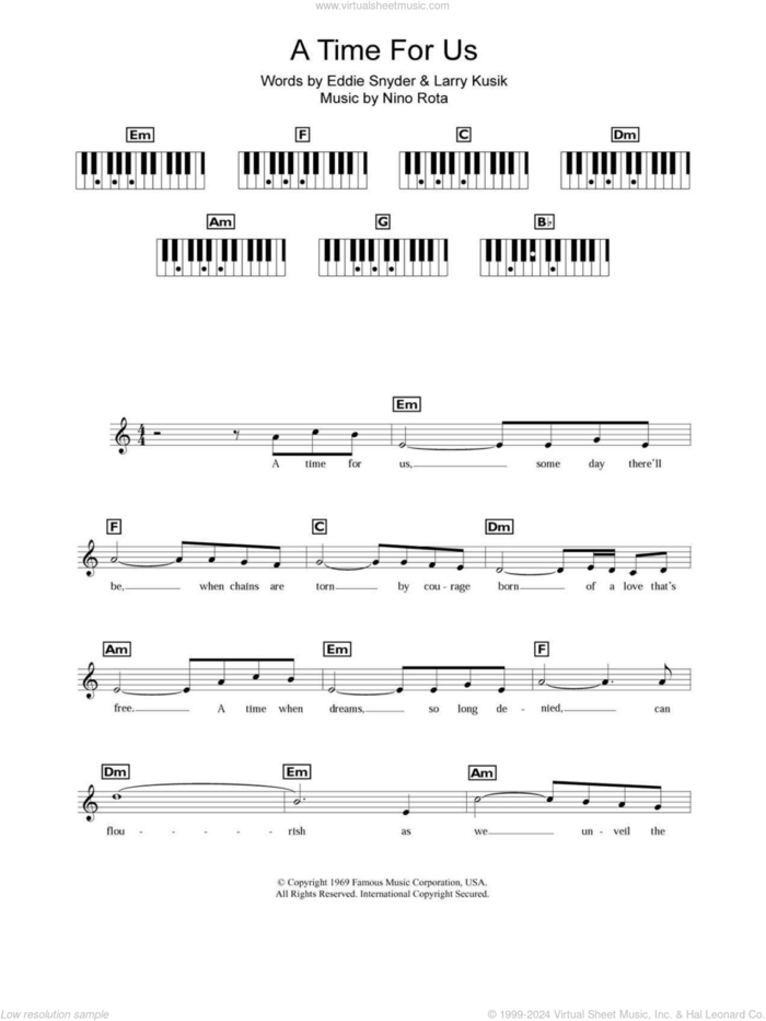 A Time For Us (Love Theme) sheet music for piano solo (chords, lyrics, melody) by Nino Rota, Eddie Snyder and Larry Kusik, intermediate piano (chords, lyrics, melody)