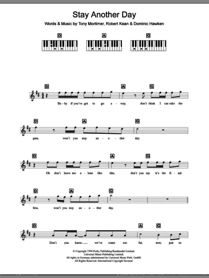Stay Another Day sheet music for piano solo (chords, lyrics, melody) by East 17, Dominic Hawken, Robert Kean and Tony Mortimer, intermediate piano (chords, lyrics, melody)