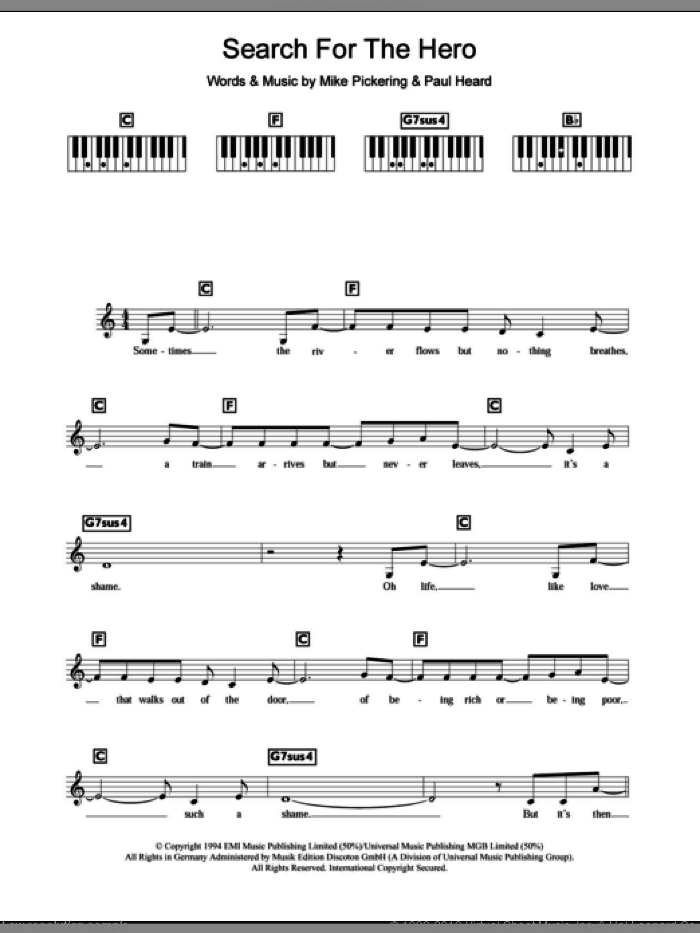 Search For The Hero, (intermediate) sheet music for piano solo (chords, lyrics, melody) by M People, Mike Pickering and Paul Heard, intermediate piano (chords, lyrics, melody)