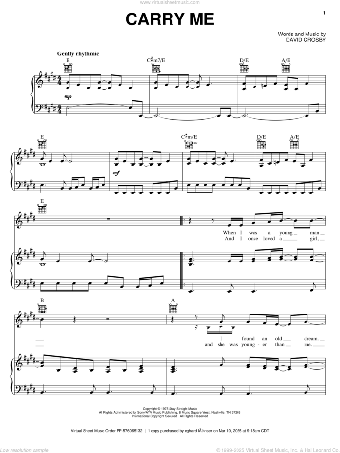 Carry Me sheet music for voice, piano or guitar by Crosby, Stills & Nash and David Crosby, intermediate skill level