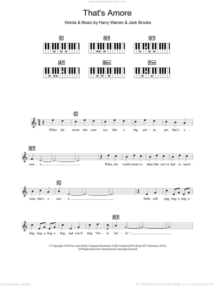 That's Amore (That's Love) sheet music for piano solo (chords, lyrics, melody) by Dean Martin, Harry Warren and Jack Brooks, intermediate piano (chords, lyrics, melody)