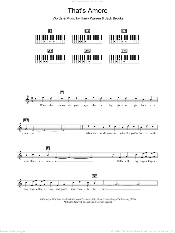 That's Amore (That's Love) sheet music for piano solo (chords, lyrics, melody) by Dean Martin, Harry Warren and Jack Brooks, intermediate piano (chords, lyrics, melody)