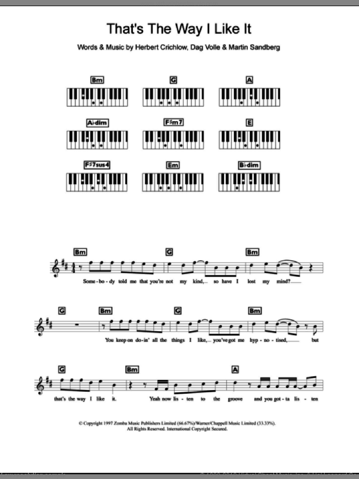 That's The Way I Like It sheet music for piano solo (chords, lyrics, melody) by Backstreet Boys, Dag Volle, Herbert Crichlow and Martin Sandberg, intermediate piano (chords, lyrics, melody)