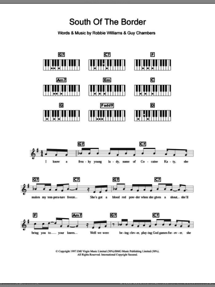 South Of The Border sheet music for piano solo (chords, lyrics, melody) by Robbie Williams and Guy Chambers, intermediate piano (chords, lyrics, melody)