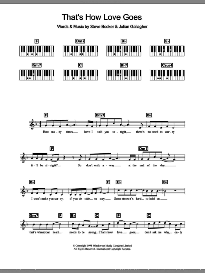 That's How Love Goes sheet music for piano solo (chords, lyrics, melody) by Boyzone, Julian Gallagher and Steve Booker, intermediate piano (chords, lyrics, melody)