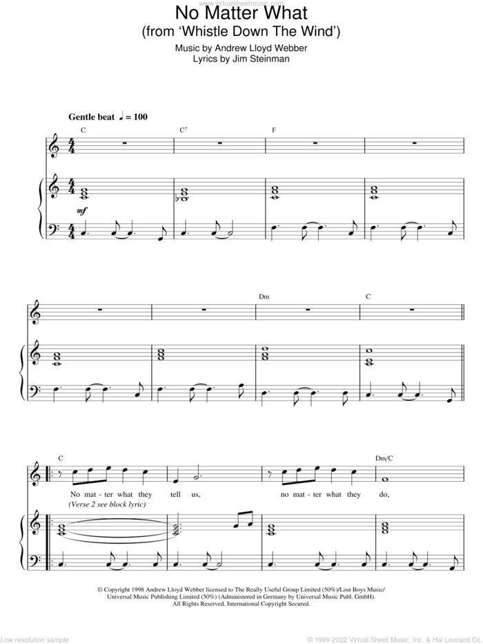 No Matter What sheet music for voice and piano by Andrew Lloyd Webber, Boyzone, Whistle Down The Wind (Musical) and Jim Steinman, intermediate skill level