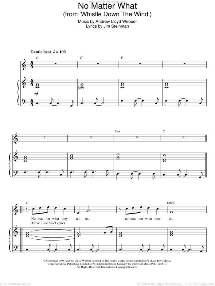 No Matter What sheet music for voice and piano by Andrew Lloyd Webber, Boyzone, Whistle Down The Wind (Musical) and Jim Steinman, intermediate skill level