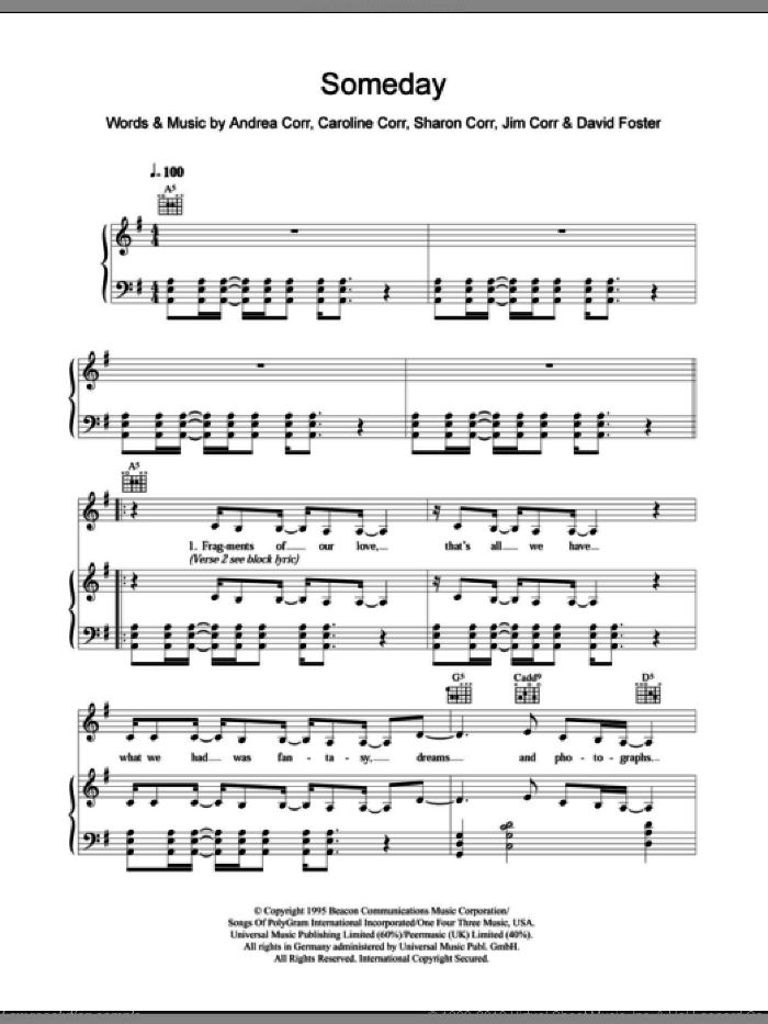 Someday sheet music for voice, piano or guitar by The Corrs, Andrea Corr, Caroline Corr, David Foster, Jim Corr and Sharon Corr, intermediate skill level