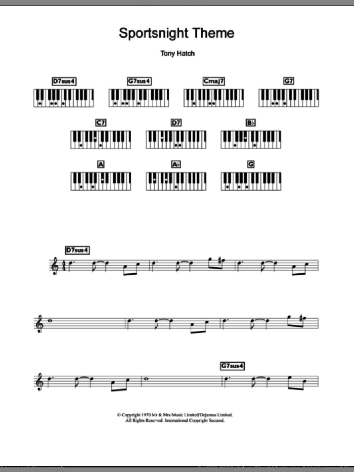 Sportsnight Theme sheet music for piano solo (chords, lyrics, melody) by Tony Hatch, intermediate piano (chords, lyrics, melody)