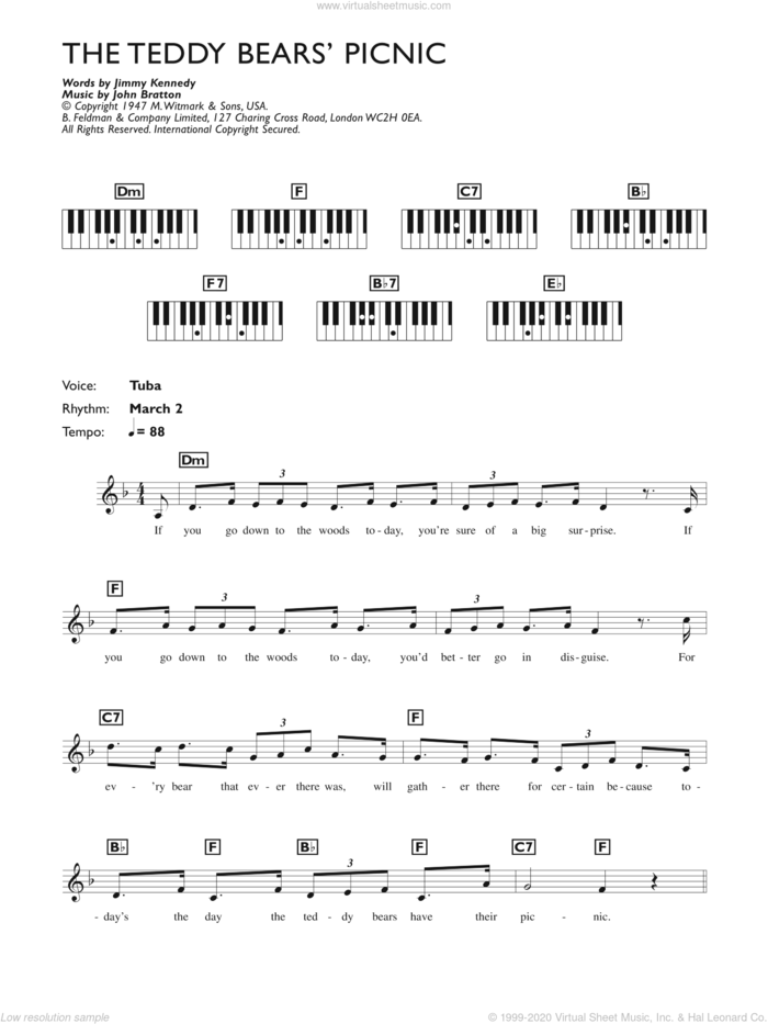 The Teddy Bears Picnic sheet music for piano solo (chords, lyrics, melody) by Jimmy Kennedy and John Bratton, intermediate piano (chords, lyrics, melody)
