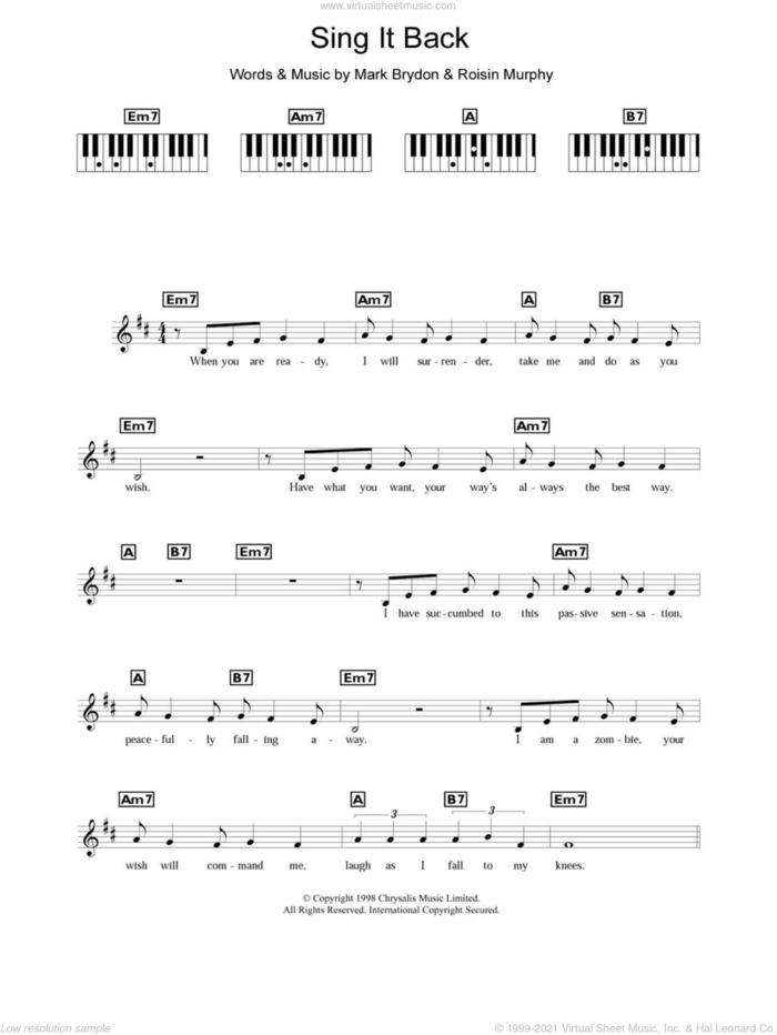 Sing It Back sheet music for piano solo (chords, lyrics, melody) by Moloko, Mark Brydon and Roisin Murphy, intermediate piano (chords, lyrics, melody)
