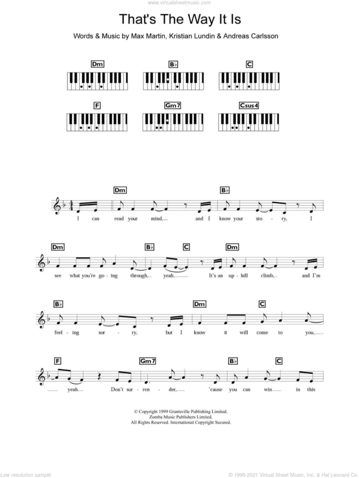 That's The Way It Is sheet music for piano solo (chords, lyrics, melody) by Celine Dion, Andreas Carlsson, Kristian Lundin and Max Martin, intermediate piano (chords, lyrics, melody)