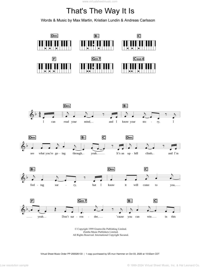 That's The Way It Is sheet music for piano solo (chords, lyrics, melody) by Celine Dion, Andreas Carlsson, Kristian Lundin and Max Martin, intermediate piano (chords, lyrics, melody)