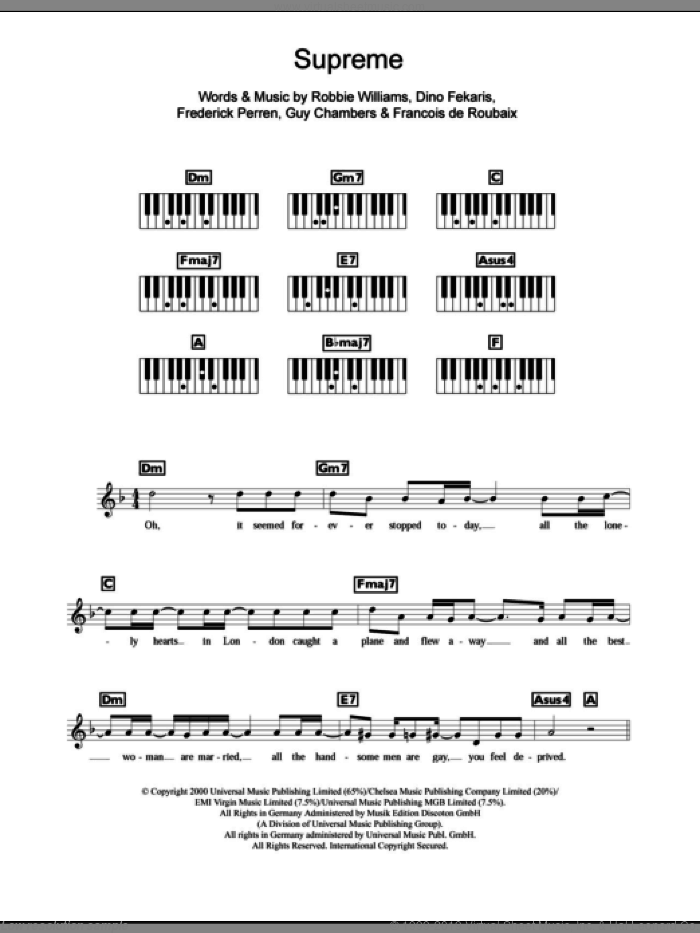 Supreme sheet music for piano solo (chords, lyrics, melody) by Robbie Williams, Dino Fekaris, Francois de Roubaix, Frederick Perren and Guy Chambers, intermediate piano (chords, lyrics, melody)