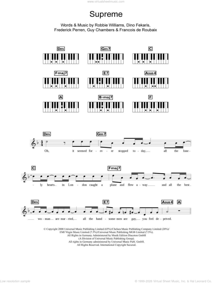 Supreme sheet music for piano solo (chords, lyrics, melody) by Robbie Williams, Dino Fekaris, Francois de Roubaix, Frederick Perren and Guy Chambers, intermediate piano (chords, lyrics, melody)