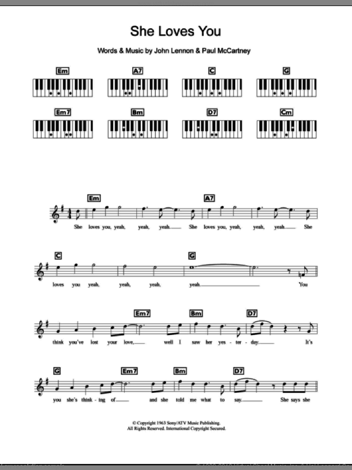 She Loves You sheet music for piano solo (chords, lyrics, melody) by The Beatles, John Lennon and Paul McCartney, intermediate piano (chords, lyrics, melody)