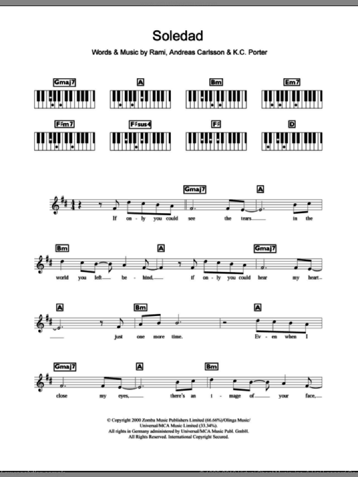 Soledad sheet music for piano solo (chords, lyrics, melody) by Westlife, Andreas Carlsson, K.C. Porter and Rami, intermediate piano (chords, lyrics, melody)