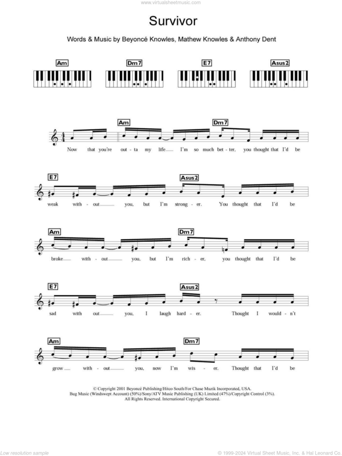 Survivor sheet music for piano solo (chords, lyrics, melody) by Destiny's Child, Anthony Dent, Beyonce and Mathew Knowles, intermediate piano (chords, lyrics, melody)