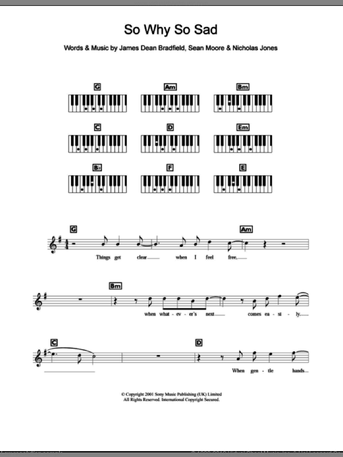 So Why So Sad sheet music for piano solo (chords, lyrics, melody) by The Manic Street Preachers, James Dean Bradfield, Nicholas Jones and Sean Moore, intermediate piano (chords, lyrics, melody)