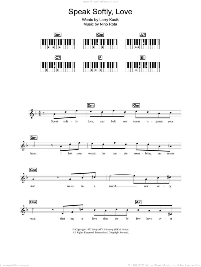 Speak Softly, Love (Love Theme) sheet music for piano solo (chords, lyrics, melody) by Nino Rota and Larry Kusik, intermediate piano (chords, lyrics, melody)
