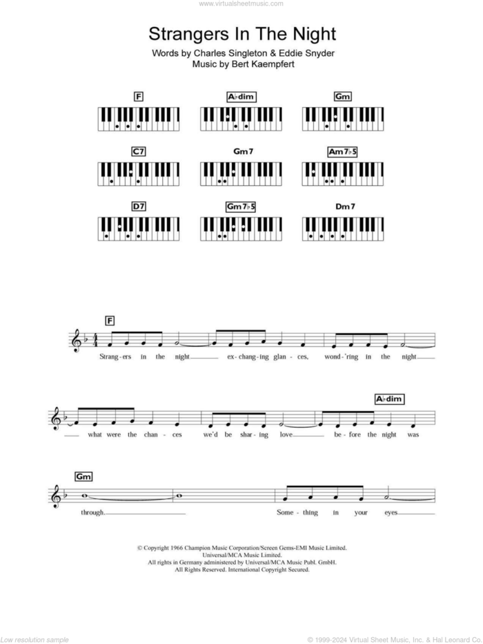 Strangers In The Night sheet music for piano solo (chords, lyrics, melody) by Frank Sinatra, Bert Kaempfert, Charles Singleton and Eddie Snyder, intermediate piano (chords, lyrics, melody)